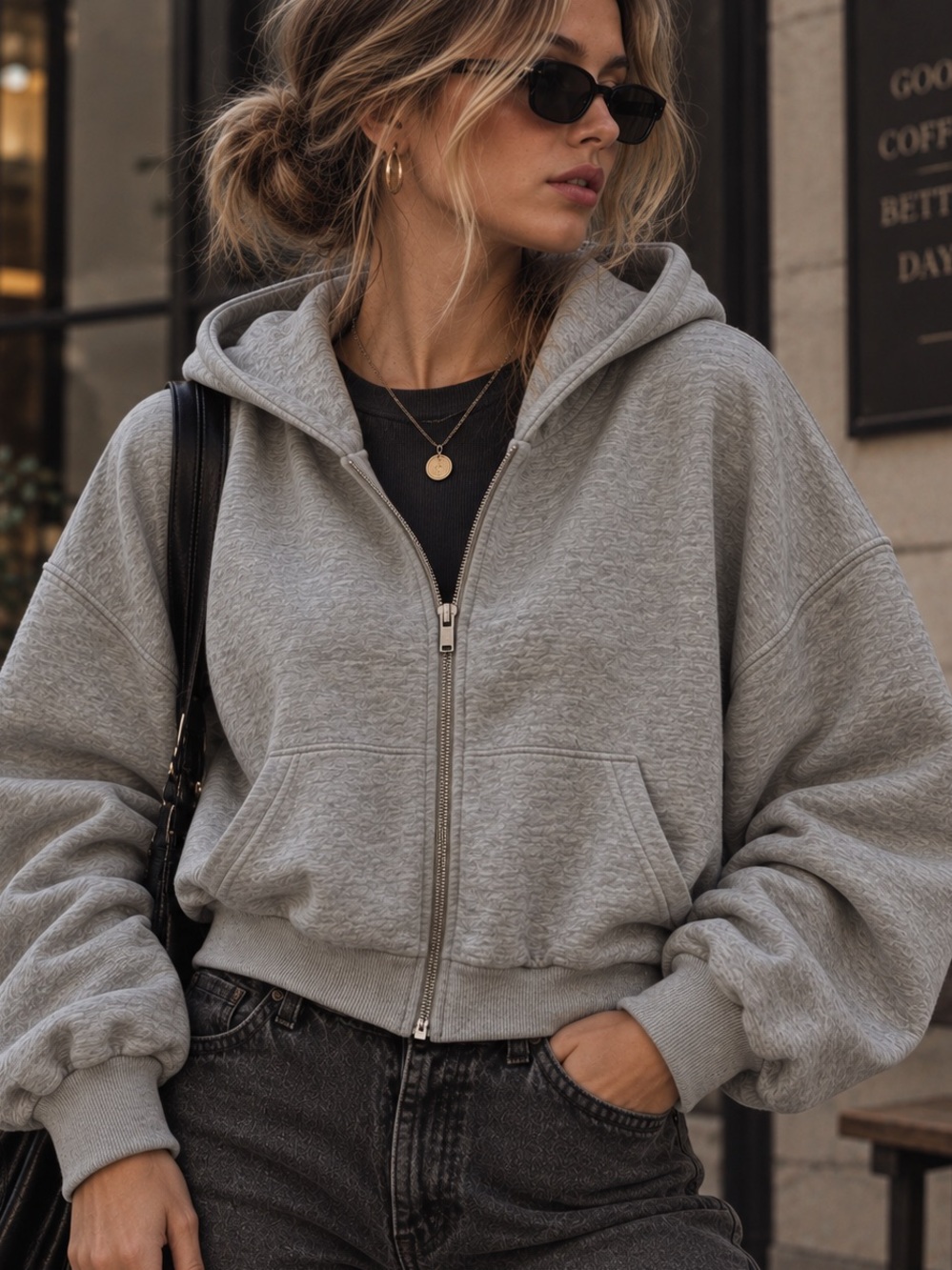 H&M Womens Gray Full Zip Slouchy Boyfriend Hoodie Cropped Pockets Grunge Y2K M
